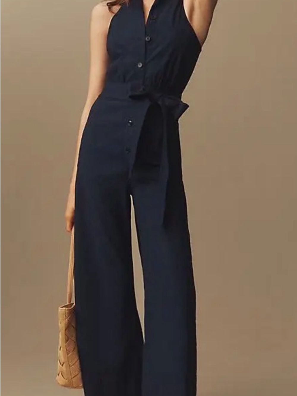 NWT Anthropologie Maeve Halter Button Front Wide Leg Jumpsuit Navy 16